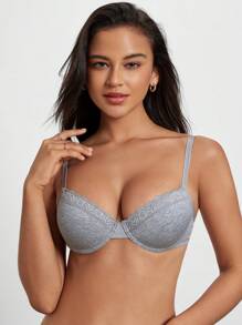 Women's Casual Grey Fabric Bra With Delicate Contrast Lace Trim Medium Stretch Plain Design - Grey - View 4