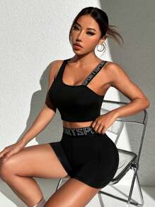 Easithlete Costum sport fără mâneci și pantaloni scurți, cu guler asimetric, cu slogan elastic, pentru antrenament, pentru femei