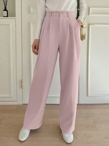 DAZY Calça de Terno Reta Plissada de Cor Sólida Casual, Calça Feminina de Vestir Roupa de Escritório