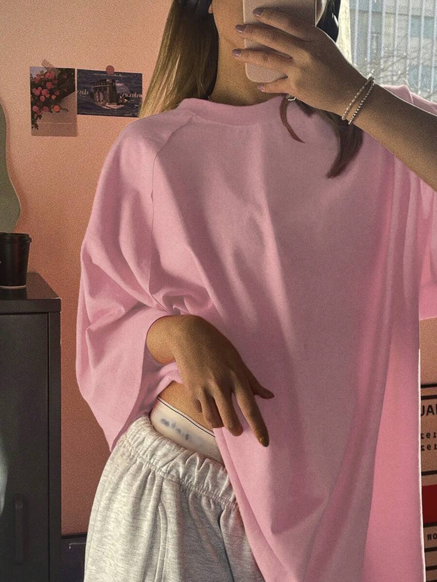 DAZY Women's Spring/Summer Solid Color Raglan Sleeve Sleeve Loose Fit Round Neck T-Shirt Oversized T-Shirt Preppy Tops - Pink - View 1