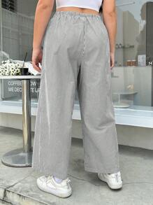 SHEIN EZwear Women's Plus Size Loose Fit Casual Navy & White Vertical Striped Long Pants For Summer