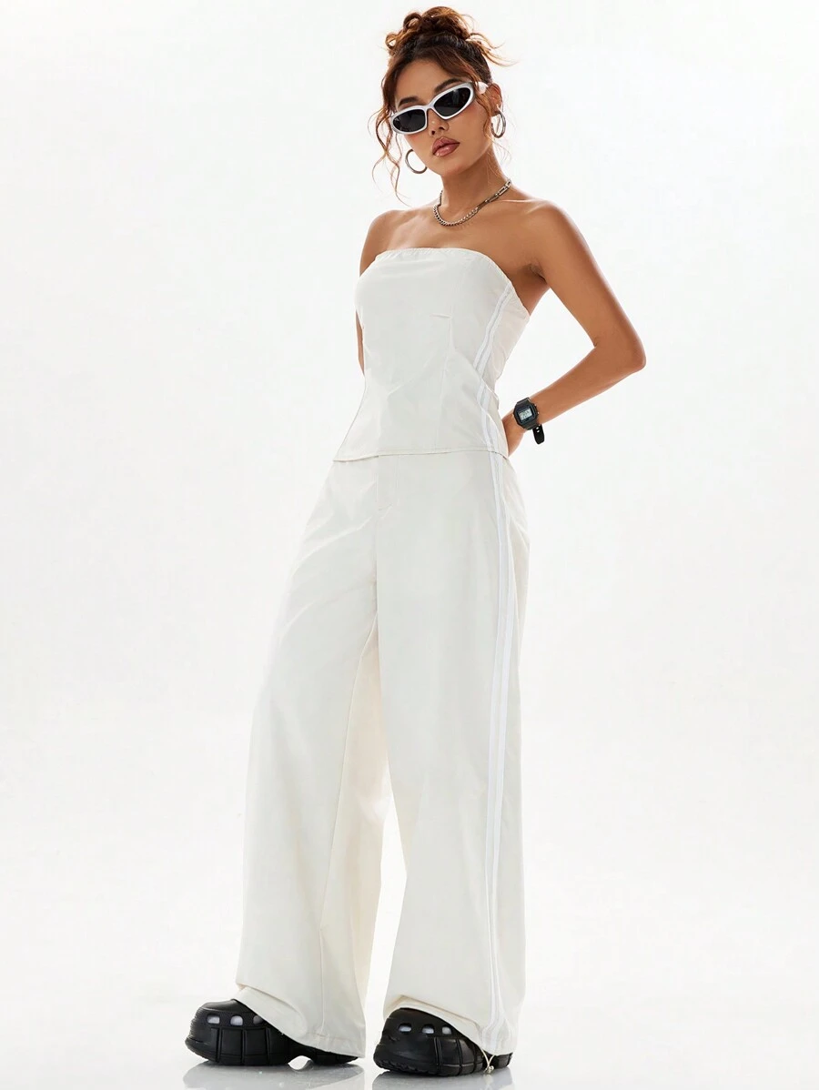 SHEIN EZwear 女性街頭風格彩色拼接無肩跨跳套裝，長褲款式 - 杏色 - 查看 1