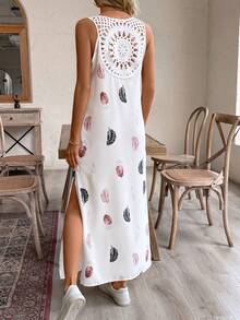 SHEIN LUNE Phong cách nghỉ dưỡng Váy không tay có ren chèn lông vũ có xẻ bên - trắng - Xem 7