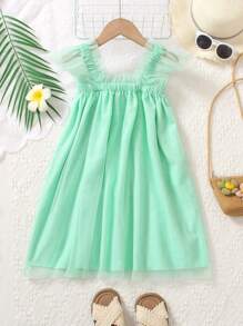 Young Girl Holiday Floral Embroidery Puff Sleeve Loose Dress With Woven Collar, Spring/Summer, Warm And Cozy