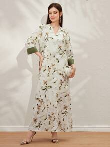 Al Najma Women's Casual Arabian Print Random Floral Pattern Dress - Green - View 6