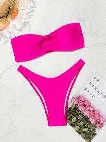 SHEIN Swim Ladies Solid Color Strapless Sexy Bikini Set For Vacation, Wire-Free,Summer Beach - Hot Pink - View 1