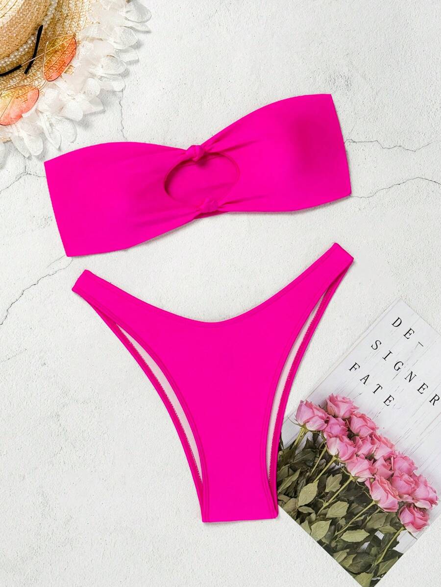 SHEIN Swim Ladies Solid Color Strapless Sexy Bikini Set For Vacation, Wire-Free,Summer Beach - Hot Pink - View 1