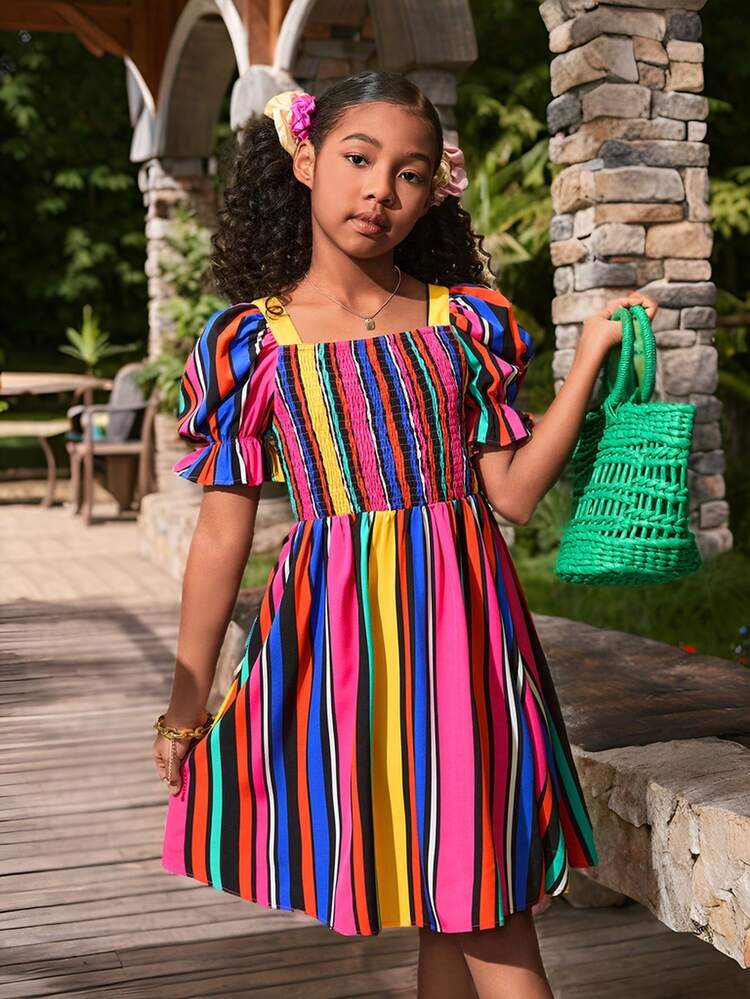 Tween Girl Vacation Casual Spring/Summer Woven Striped Square Neck Short Sleeve Dress