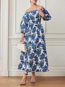 Mulvari Rochie de vară pentru femei, cu mânecă lanternă, cu imprimeu floral, lung, elegantă, pentru vacanță