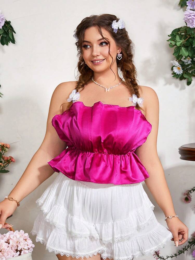 Plus Size Solid Color Strapless Lace Trimmed Top For Spring/Summer Parties