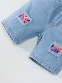 Conjunto de Camiseta Casual de Manga Curta com Estampa de Urso Jovem + Shorts em Denim Desgastado de Urso para Meninos Jovens