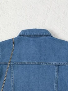 Conjunto para niña preadolescente de camisa de mezclilla azul con bordado de manga corta y pantalones cortos lavado mediano - Azul lavado medio - Ver 4