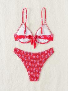 SHEIN Swim 女性印花有鋼圈比基尼套裝，非聚攏杯和性感設計 - 迷你花卉（隨機選擇），適用於海灘度假 - 紅色 - 查看 2