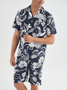 Conjunto de camisa de manga corta con estampado completo y pantalones cortos para hombre, para ropa de verano en casa