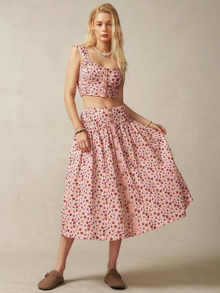 Bohemela 度假風小花紋女士短上衣和裙子兩件套裝 - 彩色 - 查看 1