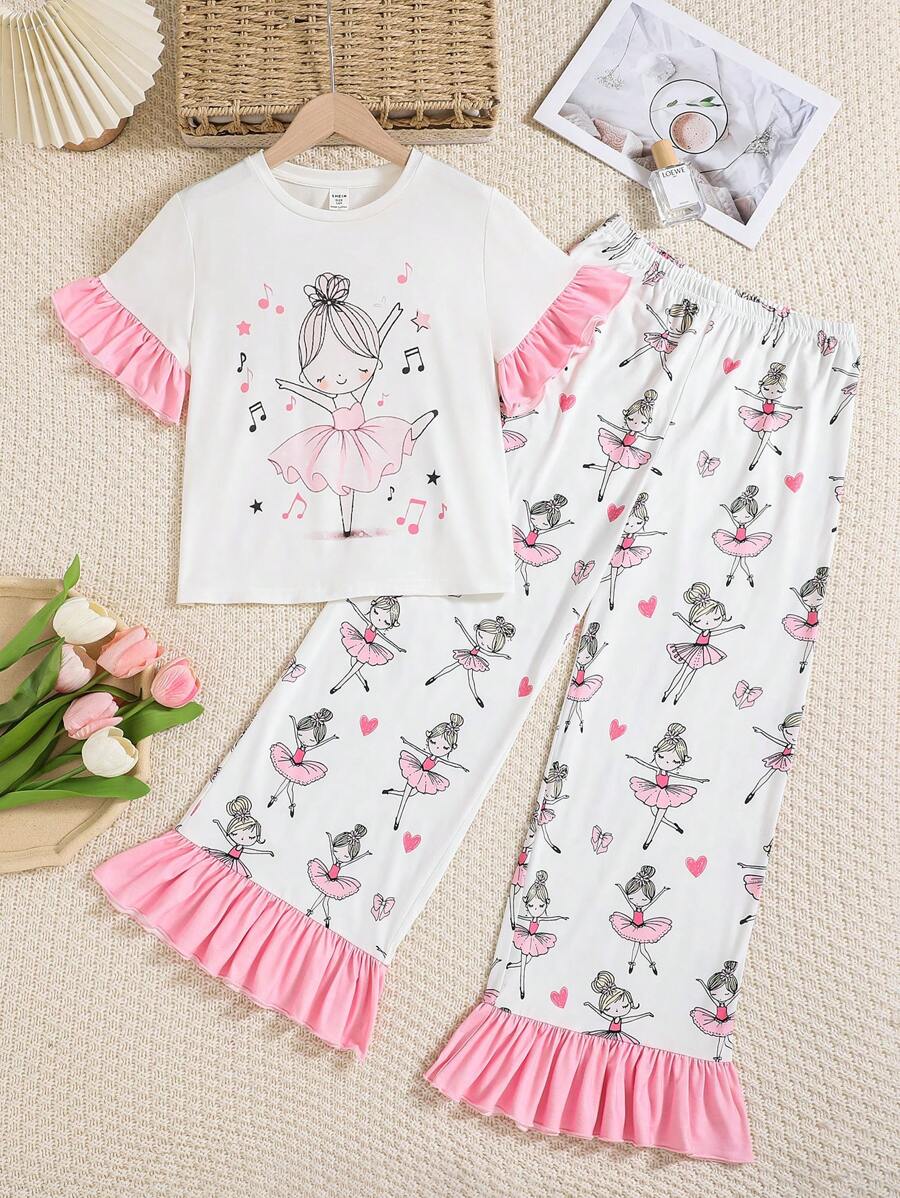 SHEIN Tween Girl Ballet Dancing Printed Ruffle Hem Short Sleeve Top And Pants Pajama Set - Baby Pink - View 1