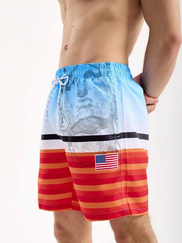 Men's American Flag Printed Drawstring Waist Loose Beach Shorts (Print Splicing) For Summer Holiday