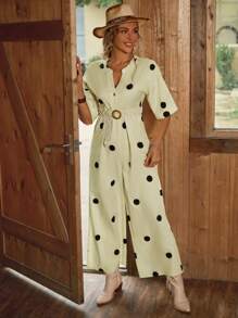 Breezaya Polka Dot Print Plunge Belted Jumpsuit, Vacation Style, Summer