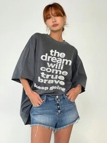 DAZY Áo phông in chữ rộng rãi cho nữ đã giặt và làm cũ Áo phông cỡ lớn - Xám - Xem 2