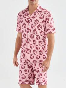 Men's Allover Print Short Sleeve And Shorts Homewear Set, Summer - Multicolor - View 1