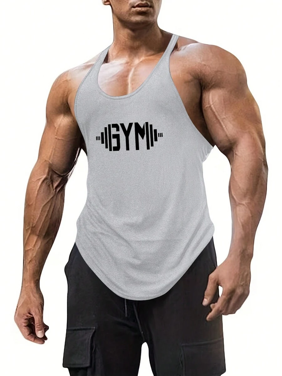 Manfinity Homme Men's Summer Letter Printed Round Neck Casual Tank Top Gym Men Clothesgym Tank Top - Light Grey - View 1