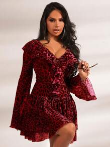 SHEIN SXY Women's Short Leopard Print Splice Dress With Ruffle Hem And Flare Sleeves, Spring/Summer