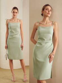 MOTF PREMIUM 純色褶皺分腿打結肩帶假兩件連身裙