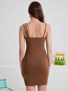 We Bare Bears X SHEIN Váy có dây đeo spaghetti in hình hoạt hình dành cho nữ, mùa hè - màu nâu - Xem 2