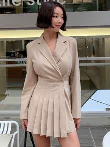 DAZY 女士夏季休闲纯色翻领褶皱裹身连体裤，秋季服装连身裤 - 杏色 - 查看 4