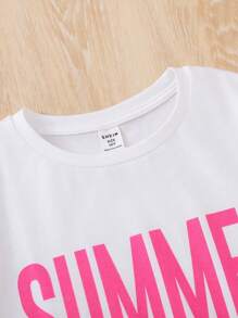 SHEIN Tween Girl Casual Knitted Round Neck Short-Sleeved T-Shirt With Letter Print And Color Block Shorts Set, Daily Wear