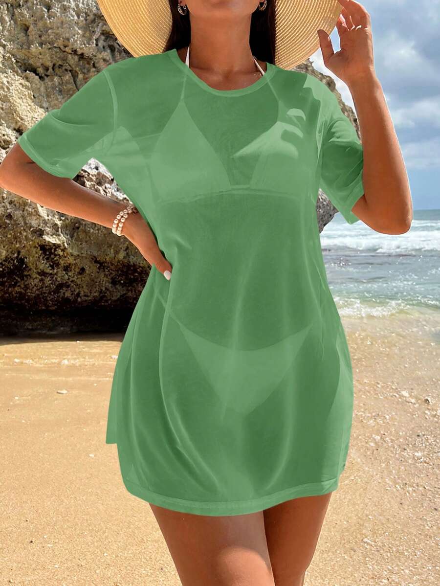 Swim Vcay Beach Dresses For Women Women's Solid Color Round Neck Casual Holiday Short Sleeve Shrug Summer