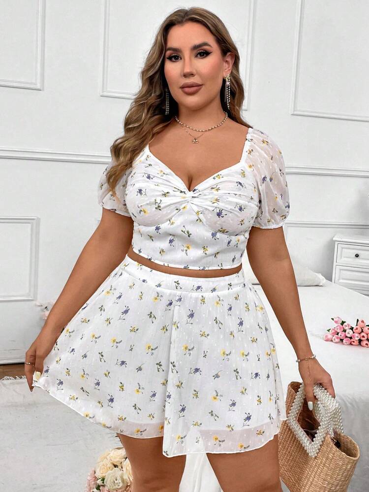 Plus Size Short Sleeve Top And Shorts Printed Casual Two-Piece Set