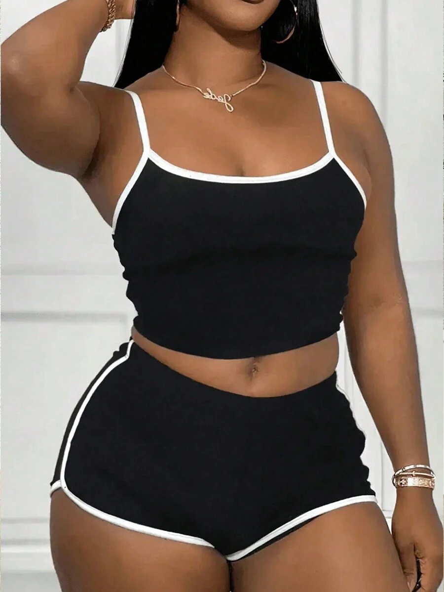 SHEIN Conjunto de dos piezas simple y diario de talla grande para mujeres con bloque de color - Negro - Ver 1