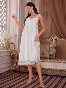 Váy ngủ Pajama dây đeo ren chắp vá dành cho nữ - trắng - Xem 4