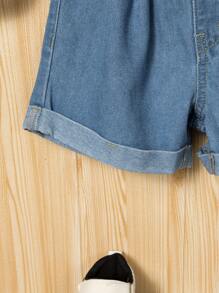 Young Girl Light Wash Denim Ruffle Hem Top And Shorts Set, Summer - Light Wash - View 6