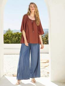 Forever 21 Chemise de vacances décontractée pour femmes, unie de couleur unicolore avec nouage à l'encolure