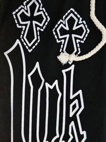 ROMWE MEN Goth Celana Jogger Pria Vintage Motif Salib & Huruf dengan Tali Serut di Pinggang, Cocok untuk Pemakaian Sehari-hari di Musim Semi dan Musim Panas - Hitam - View 3