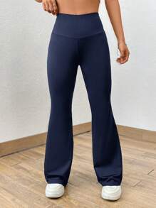 SHEIN EZwear 夏季黑色純色喇叭褲，扇形打底褲 - 藏蓝色 - 查看 2