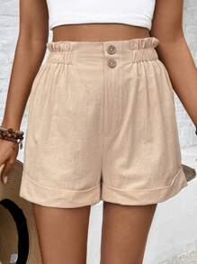 EMERY ROSE Bermudas informales de lino para mujer en unicolor con dobladillo enrollado, estilo de vacaciones - Caqui - Ver 3