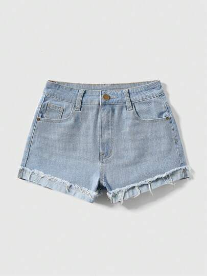 Grunge Punk Streetwear Casual Women Sexy Slim Fit Washed Denim Shorts With Frayed Hem, School
