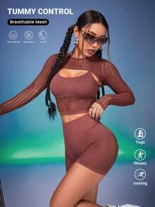 SHEIN Sports 3pcs/Set Plain Round Neck Hollow Out Crop Top + Sleeveless Spaghetti Strap Cami Top + Shorts Sports Outfit - Red - View 1