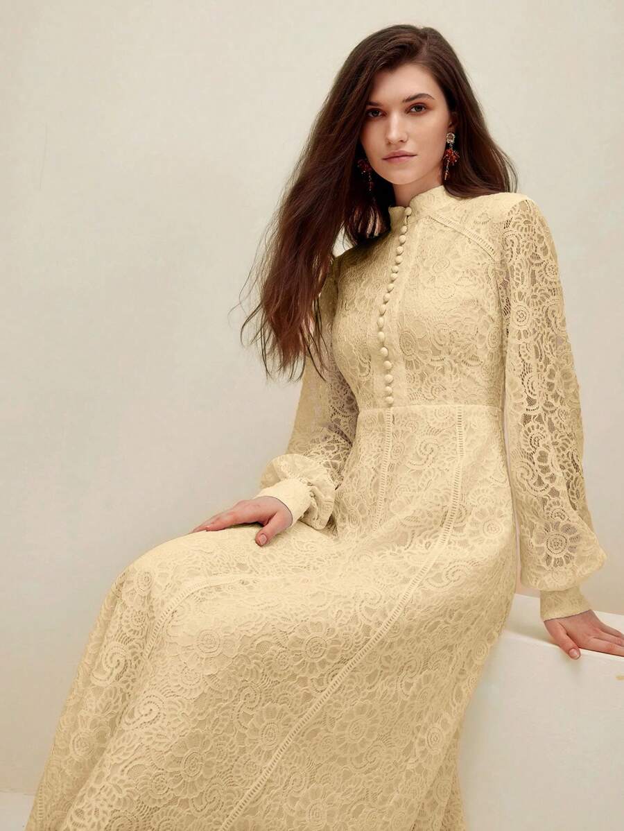 Anewsta Women's Long Sleeve Lace Solid Color Dress Maxi Women Outfit - Apricot - View 1
