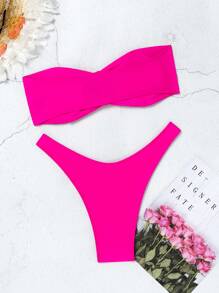SHEIN Swim Ladies Solid Color Strapless Sexy Bikini Set For Vacation, Wire-Free,Summer Beach - Hot Pink - View 2
