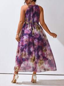 SHEIN Clasi Plus Size Floral Printed Halter Sleeveless Summer Dress - Purple - View 2