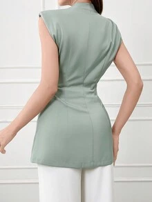 Modelyn 女式优雅纯色宽肩带收腰无袖西装外套，夏季 - 綠色 - 查看 3