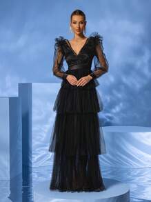 YISIKADO Vestido Largo Con Mangas Largas, Cuello En V, Capas De Malla De Lunares Para Mujeres Para Fiesta De Baile Y Ocasiones Formales - Negro - Ver 1