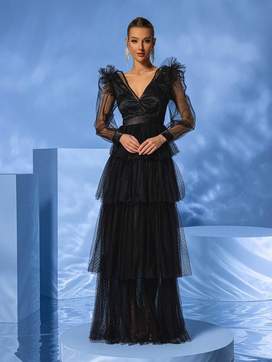 YISIKADO Vestido Largo Con Mangas Largas, Cuello En V, Capas De Malla De Lunares Para Mujeres Para Fiesta De Baile Y Ocasiones Formales - Negro - Ver 1