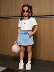 SHEIN Explorewe Young Girls' Retro Washed Denim Shorts With Asymmetrical Waist Design And 2 In 1 Style - Medium Wash - View 5