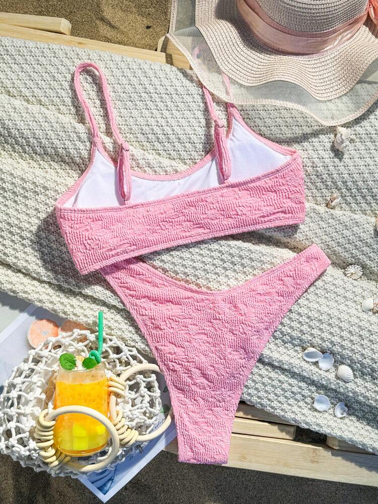 Women Solid Color Textured Sexy Bikini Set For Beach Vacation Summer