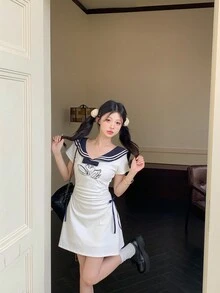 女士時尚雙天鵝海軍裝裙子 - 白色 - 查看 1